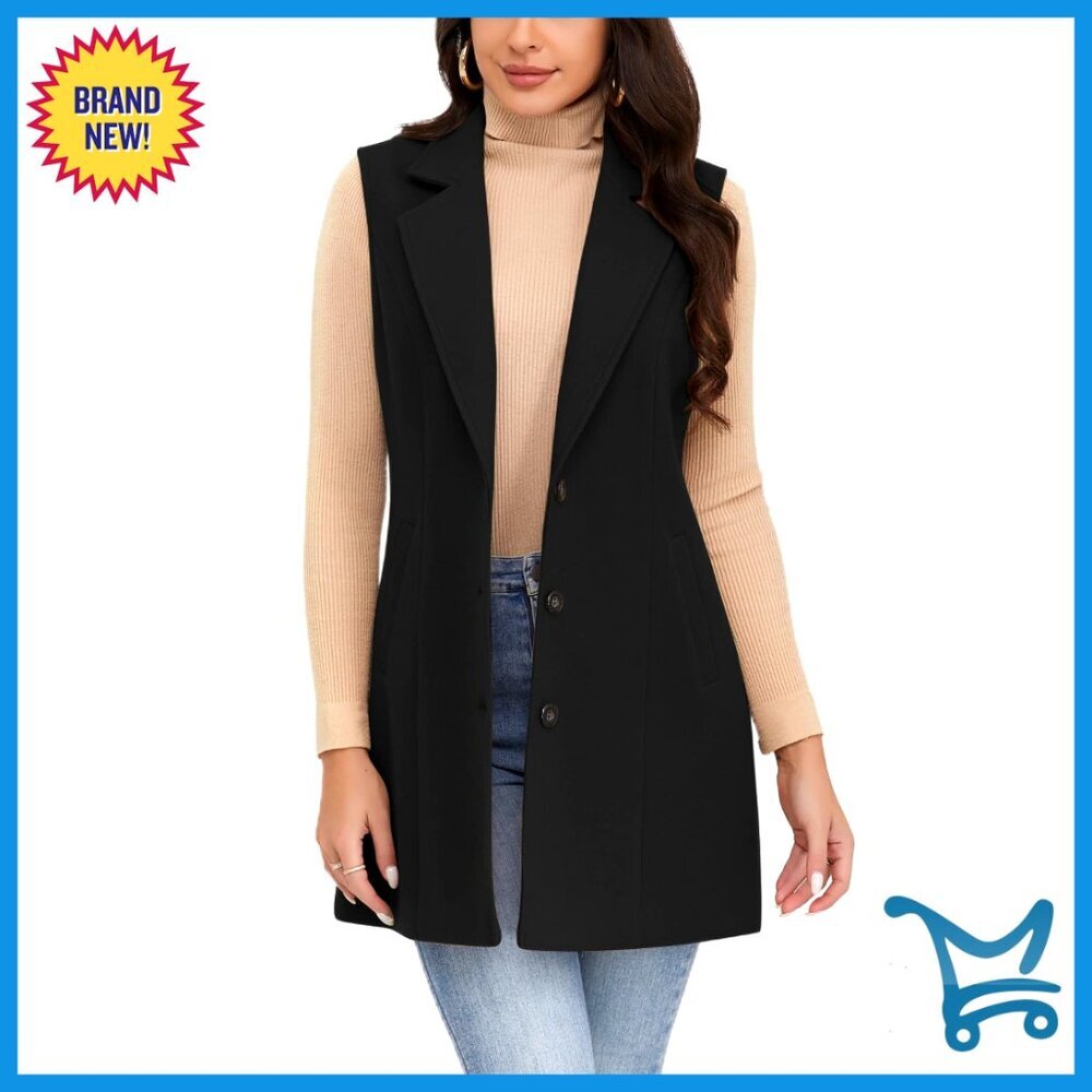 Sleeveless Wool Plaid Vest Long Blazer Jacket Cardigan Outerwear Women